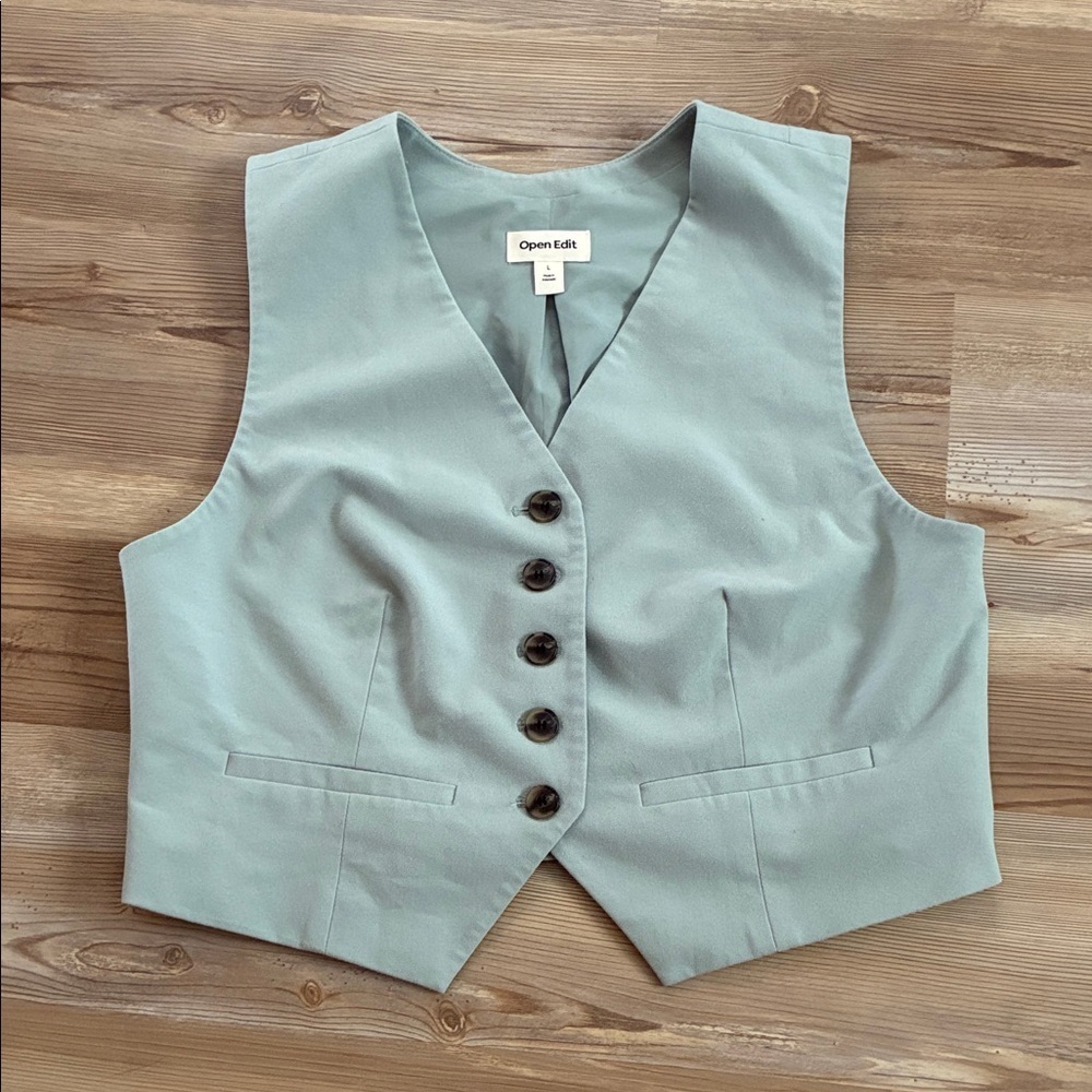 Open Edit Structured Vest Seafoam green 5 Button Women L Office Career Workwear - Picture 3 of 11